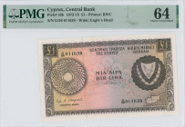 CYPRUS: 1 Pound (1.11.1972) in brown on multicolor. Coat of arms at right and map at lower right on face. S/N: "G/56 011638". WMK: Eagle head. Printed...