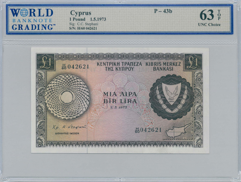 CYPRUS: 1 Pound (1.5.1973) in brown on multicolor unpt. Coat of arms at right an...