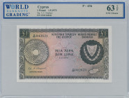 CYPRUS: 1 Pound (1.5.1973) in brown on multicolor unpt. Coat of arms at right and map at lower right on face. S/N: "H/60 042621". WMK: Eagle head. Pri...