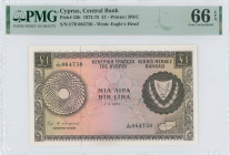 CYPRUS: 1 Pound (1.6.1974) in brown on multicolor unpt. Coat of arms at right and map at lower right on face. S/N: "I/70 064750". WMK: Eagle head. Pri...