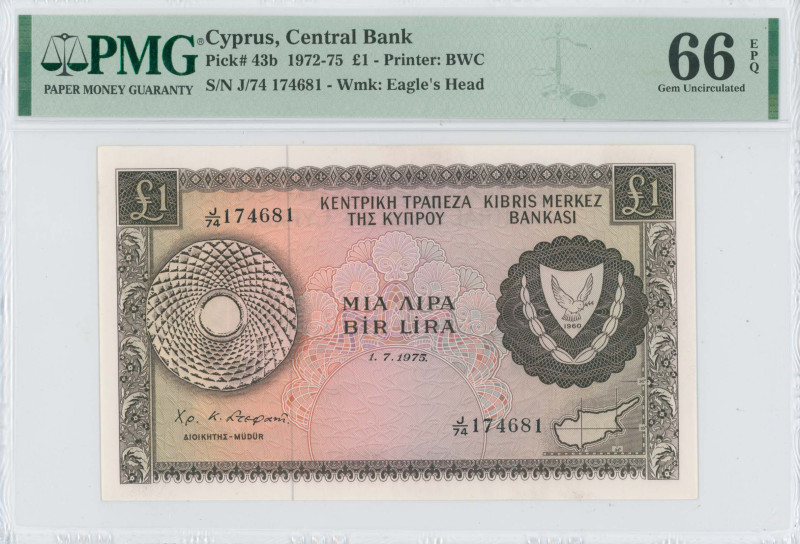 CYPRUS: 1 Pound (1.7.1975) in brown on multicolor unpt. Coat of arms at right an...