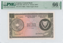 CYPRUS: 1 Pound (1.7.1975) in brown on multicolor unpt. Coat of arms at right and map at lower right on face. S/N: "J/74 174681". WMK: Eagle head. Pri...