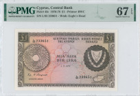 CYPRUS: 1 Pound (1.5.1978) in brown on multicolor unpt. Coat of arms at right and map at lower right on face. S/N: "L/95 233651". WMK: Eagle head. Pri...