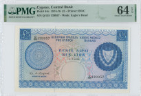 CYPRUS: 5 Pounds (1.7.1975) in blue on multicolor unpt. Coat of arms at right and map at lower right on face. S/N: "Q/155 139957". WMK: Eagle head. Pr...
