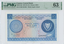 CYPRUS: 5 Pounds (1.8.1976) in blue on multicolor unpt. Coat of arms at right and map at lower right on face. S/N: "T/188 481883". WMK: Eagle head. Pr...