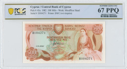 CYPRUS: 500 Mils (1.6.1982) in light brown on green and multicolor unpt. Woman seated at right and coat of arms at top left center on face. S/N: "B 10...