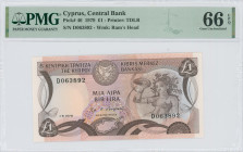 CYPRUS: 1 Pound (1.6.1979) in dark brown and brown on multicolor unpt. Mosaic of Nymph Acme at right and coat of arms at top left center on face. S/N:...