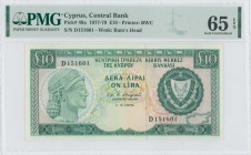 CYPRUS: 10 Pounds (1.6.1979) in dark green and blue-black on multicolor unpt. Archaic bust at left and coat of arms at right on face. S/N: "D 151601"....