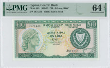 CYPRUS: 10 Pounds (1.6.1982) in dark green and blue-black on multicolor unpt. Archaic bust at left and coat of arms at right on face. S/N: "J 671236"....