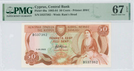 CYPRUS: 50 Cents (1.10.1983) in brown and multicolor. Woman seated at right and coat of arms at top center-left on face. S/N: "D 537382". WMK: Ram hea...