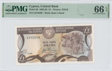 CYPRUS: 1 Pound (1.11.1982) in dark brown and multicolor. Mosaic of nymph Acme at right, coat of arms at top left center, bank name in outlined letter...