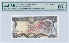 CYPRUS: Specimen of 1 Pound (1.3.1994) in dark brown and multicolor. Mosaic of Nymph Acme at right and coat of arms at top left center on face. S/N: "...