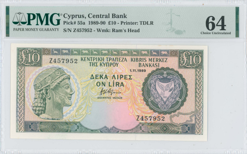 CYPRUS: 10 Pounds (1.11.1989) in dark green and blue-black on multicolor unpt. A...