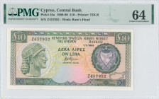 CYPRUS: 10 Pounds (1.11.1989) in dark green and blue-black on multicolor unpt. Archaic bust at left and modified coat of arms at right on face. S/N "Z...