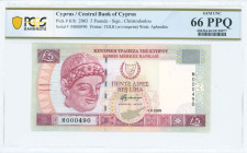CYPRUS: 5 Pounds (1.9.2003) in purple and violet on multicolor unpt. Archaic limestone head of young man at left on face. Low S/N: "M 000490". WMK: Bu...