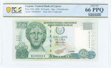 CYPRUS: 10 Pounds (1.4.2005) in olive-green and blue-green on multicolor unpt. Marble head of Artemis at left and coat of arms at upper center on face...