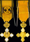 GREECE: Order of the Phoenix (King George II period). Miniature edition of Knight gold cross (Civil Division). With ribbon and a rosette attached on i...