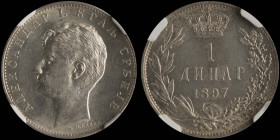 SERBIA: 1 Dinar (1897) in silver (0,835). Head of Alexander I facing left on obverse. Value and date within crowned wreath on reverse. Inside slab by ...