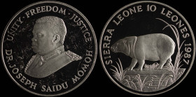 SIERRA LEONE: 10 Leones (1987) in silver (0,925) from the World Wildlife Fund series. Pygmy Hippopotamus on obverse. Bust of Dr Joseph Saidu Momoh fac...