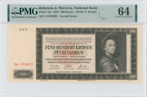 BOHEMIA & MORAVIA: 500 Korun (24.2.1942) in dark brown on muticolor unpt. Portrait of P Brands at right on face. S/N: "CA 394893". WMK: Brandl. Printe...