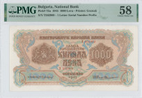 BULGARIA: 1000 Leva (1945) in brown on light blue and salmon underprint. Coat of arms at left on face. One letter S/N: "T 502989". Printed by (Goznak)...