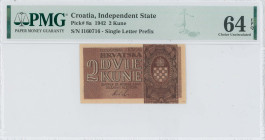 CROATIA: 2 Kune (25.9.1942) in dark brown on red-brown unpt. Coat of arms at right on face. One letter S/N: "I 160716". Inside holder by PMG "Choice U...