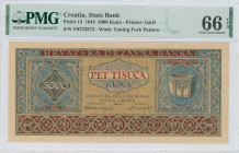 CROATIA: 5000 Kuna (1.9.1943) in brown on red-brown and blue unpt. Hexagonal receptacle at right on face. S/N: "V 0733272". WMK: Tuning fork pattern. ...