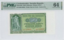CZECHOSLOVAKIA: 50 Korun (1953) in green on light green unpt. Statue of partisan with Russian soldier at left on face. S/N: "KB 159836". WMK: Star in ...