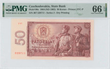 CZECHOSLOVAKIA: 50 Korun [1964 (ND 1965)] in red-brown. Coat of arms at left, Russian soldier and partisan at right on face. S/N: "J07 229711". Printe...