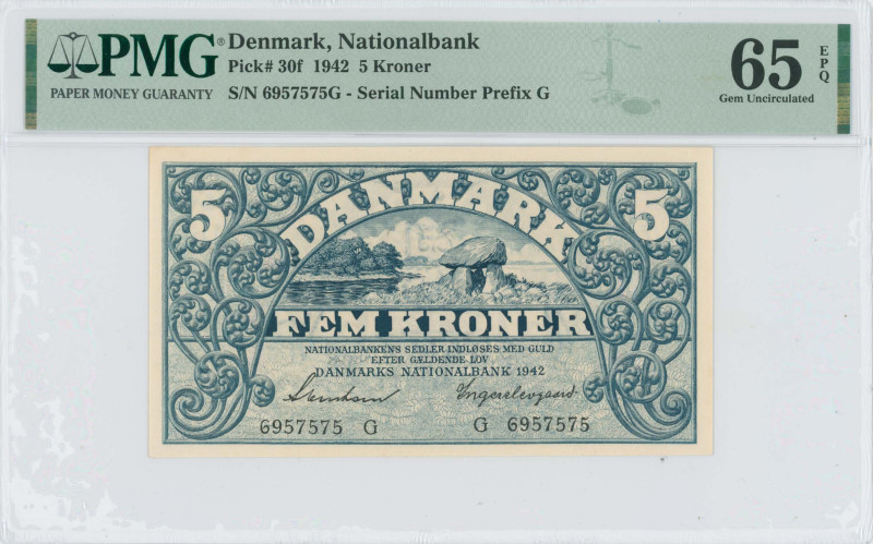 DENMARK: 5 Kroner (1942) in blue-green. Landscape with Stone Age burial site at ...