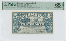 DENMARK: 5 Kroner (1942) in blue-green. Landscape with Stone Age burial site at center on face. S/N: "G 6957575". Inside holder by PMG "Gem Uncirculat...