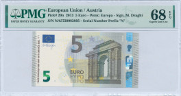 EUROPEAN UNION / AUSTRIA: 5 Euro (2013) in gray and multicolor. Gate in classical architecture at center-right on face. S/N: "NA 5729082895". Printing...