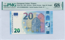 EUROPEAN UNION / FRANCE: 20 Euro (2015) in blue and multicolor. Gate in gothic architecture at center-right on face. S/N: "EC 0986204393". Signature b...