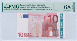 EUROPEAN UNION: 10 Euro (2002) in red and multicolor. Gate in romanesque period at right on face. S/N: "X 63166843415". Printing press and plate "E002...