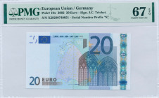 EUROPEAN UNION / GERMANY: 20 Euro (2002) in blue and multicolor. Gate in gothic architecture at center-right on face. S/N: "X 29280740051". Printing p...