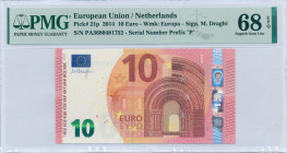EUROPEAN UNION / NETHERLANDS: 10 Euro (2014) in red and multicolor. Gate in romanesque period at center-right on face. S/N: "PA 3680481752". Printing ...