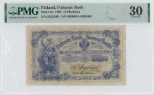 FINLAND: 10 Markkaa (1898) in purple on brown unpt. Woman standing at left on face. S/N: "5532949". Inside holder by PMG "Very Fine 30". (Pick 3a).