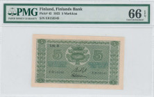 FINLAND: 5 Markkaa (1922) in green. Fir tree at center on face. S/N: "E0153545". Inside holder by PMG "Gem Uncirculated 66 EPQ". (Pick 42).