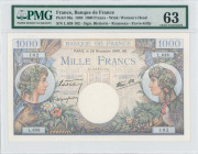 FRANCE: 1000 Francs (28.11.1940) in multicolor. Woman at left and right on face. S/N: "L.638 102". Signatures by Bletterie, Rousseau & Favre-Gilly. In...
