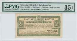 GIBRALTAR: 2 Shillings (2 Chelines) (6.8.1914) in green on pink. Coat of arms at top center on face. S/N: "B 017730". WMK: Arrow pattern. Printed by (...