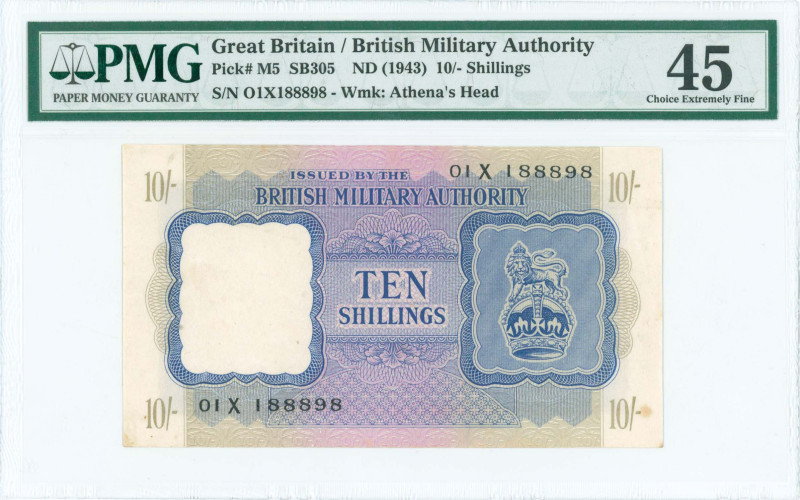 GREAT BRITAIN: 10 Shillings (ND 1943) in blue on olive and lilac unpt. Coat of a...