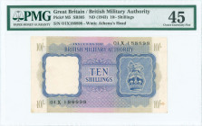 GREAT BRITAIN: 10 Shillings (ND 1943) in blue on olive and lilac unpt. Coat of arms of the British army at right on . S/N: "O1X 188898". Letter "X" re...