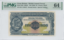 GREAT BRITAIN: 5 Pounds (ND 1958) in dark blue on olive and brown unpt. S/N: "EE/1 316447". Watermarked paper. Printed by TDLR. Inside holder by PMG "...