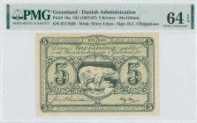 GREENLAND: 5 Kroner (ND 1953-67) in green. Polar bear on ice at center on face. S/N: "0717020". WMK: Wavy Lines. Inside holder by PMG "Choice Uncircul...