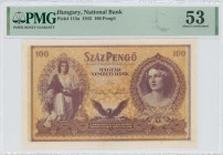 HUNGARY: 100 Pengo (24.2.1943) in lilac-brown on light brown unpt. Young man with fruits and doves at left and portrait of girl at right on face. Insi...