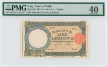 ITALY: 50 Lire (21.11.1942) in blue-violet and yellow brown on orange and yellow unpt. Seal at right & "LAQUILA" at end of imprint on face. Solid S/N:...