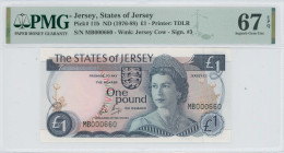 JERSEY: 1 Pound (ND 1976-1988) in blue on multicolor unpt. Queen Elizabeth II at center-right on face. Low S/N: "MB 000660". WMK: Jersey cow head. Sig...
