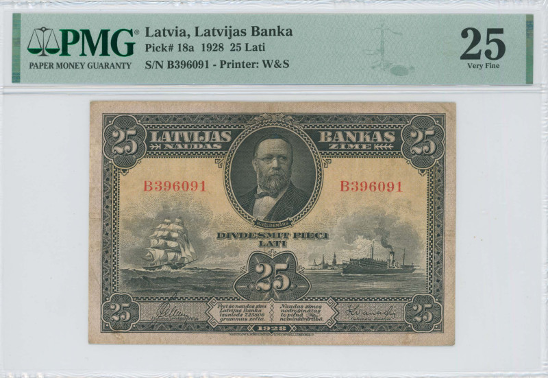 LATVIA: 25 Latu (1928) in black on yellow unpt. K Valdemars at top center, ships...