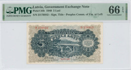 LATVIA: 5 Lati (1940) in blue, gray and brown. Bridge across the River Guaja on face. S/N: "D 176843". Signature title "Finansu Tautas Komisars" at le...