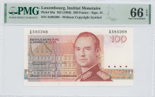 LUXEMBOURG: 100 Francs (ND 1986) in red on multicolor unpt. Grand Duke Jean at center-right and building at left on face. S/N: "A 585268". Signature #...